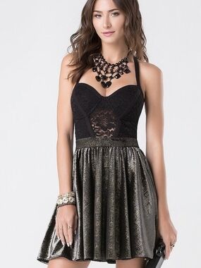 bebe Black Velvet Metallic Gold Skirt Mini Dress